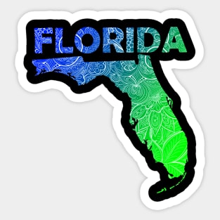 Colorful mandala art map of Florida with text in blue and green Sticker